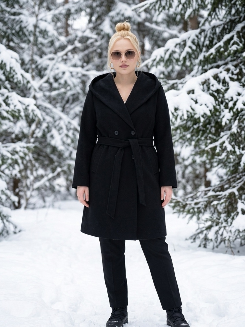 Zara Black Hooded Belted Coat